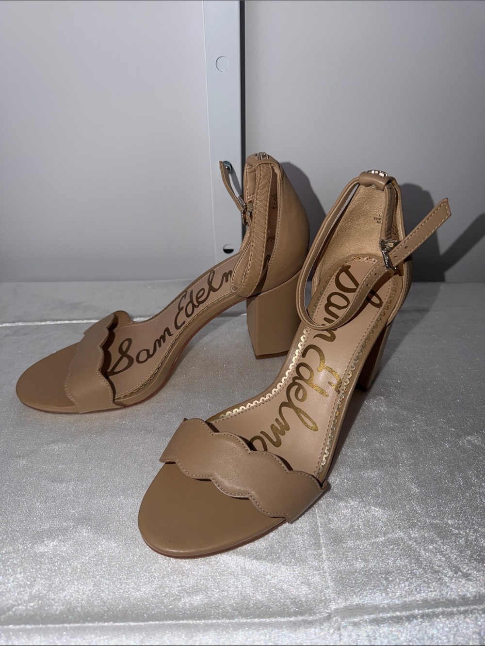 Sam Edelman Scalloped Strap Tan Block Heel Sandals